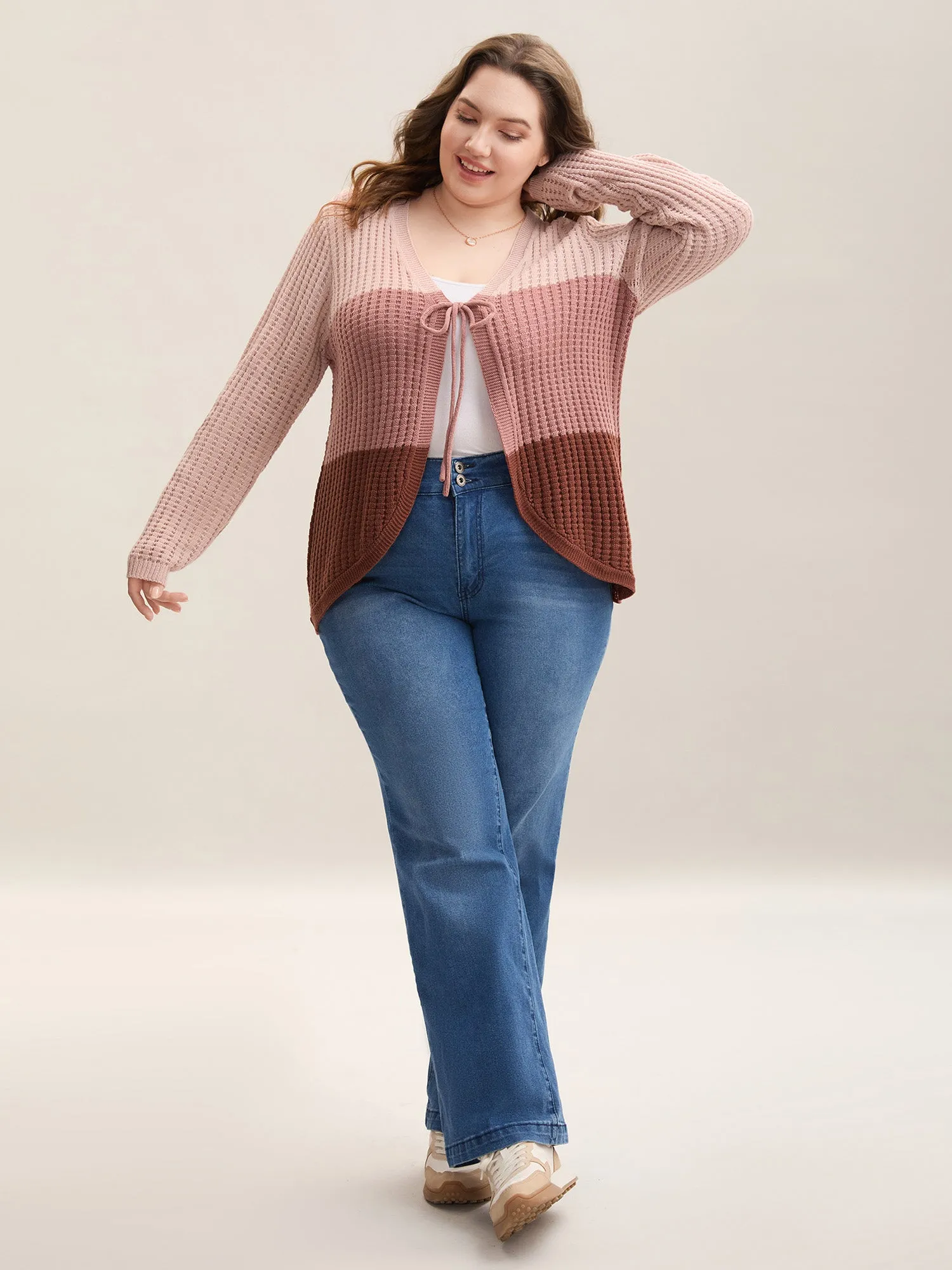 Arc Hem Color Block Tie Front Cardigan sold by Bloomchic product image thumbnail 3