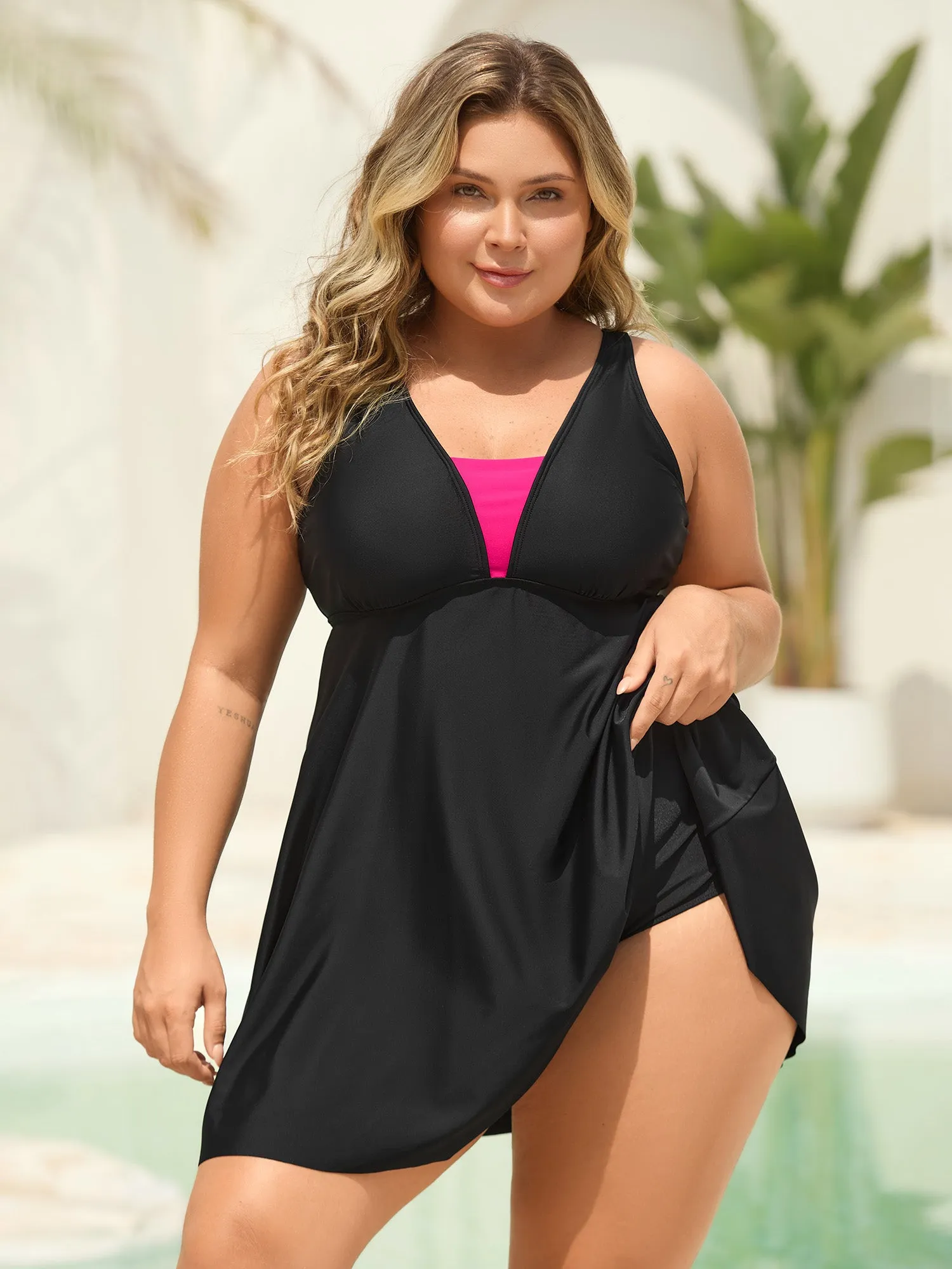 V Neck Color Contrast Swim Dress sold by Bloomchic