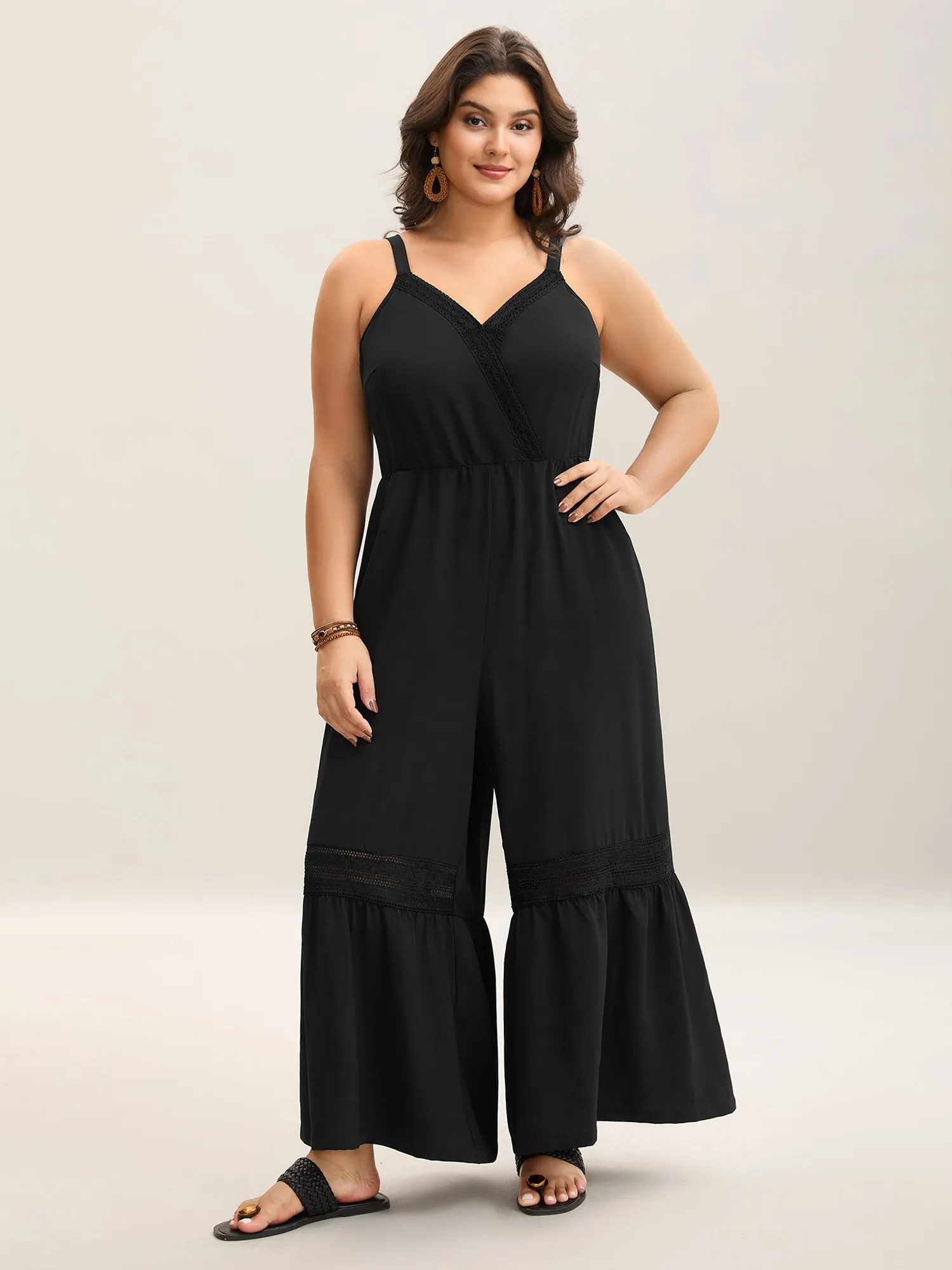 Lace Trim Solid Wide Leg Jumpsuit sold by Bloomchic