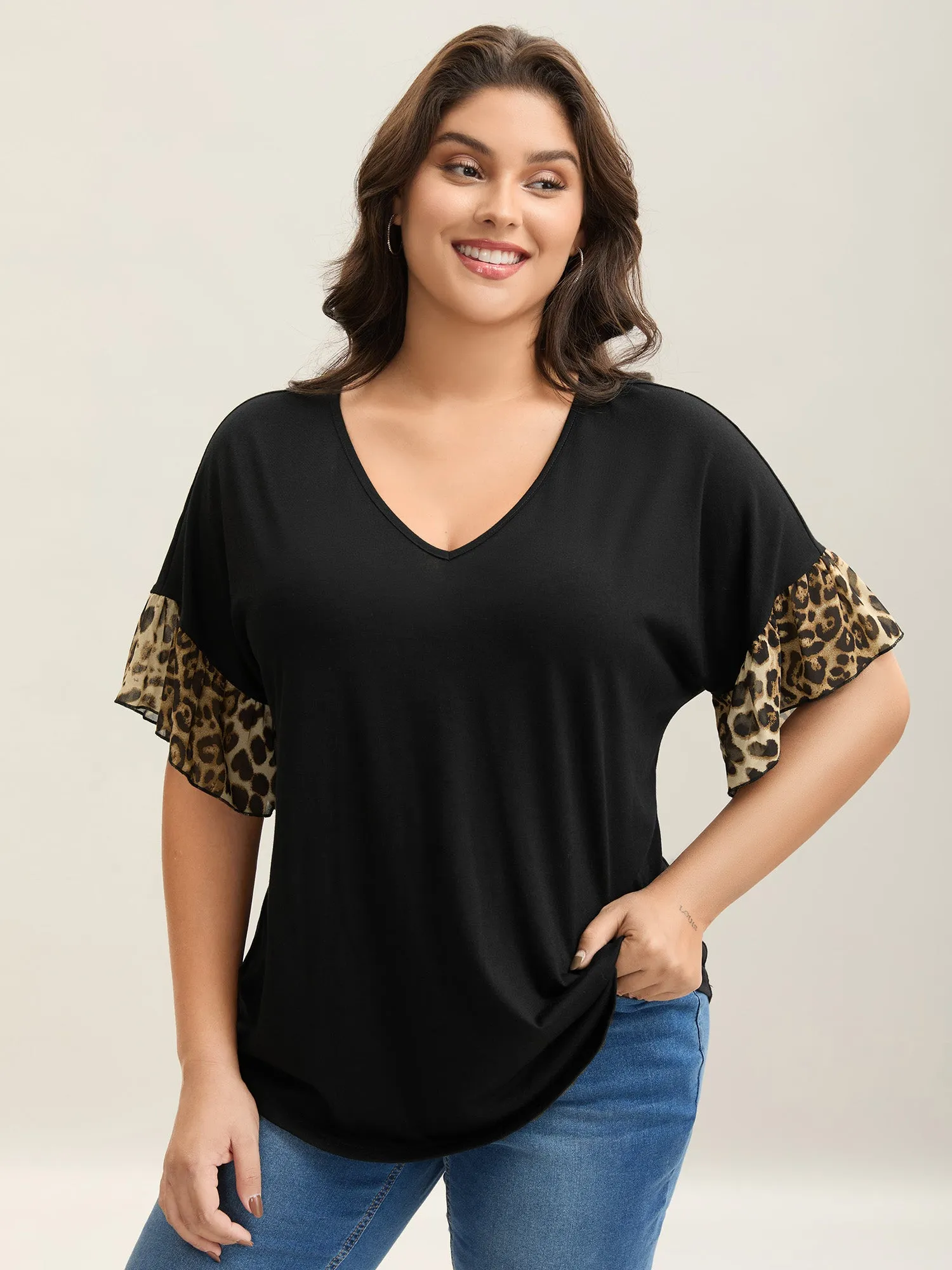Leopard Pattern Spliced Fitted T-Shirt sold by Bloomchic