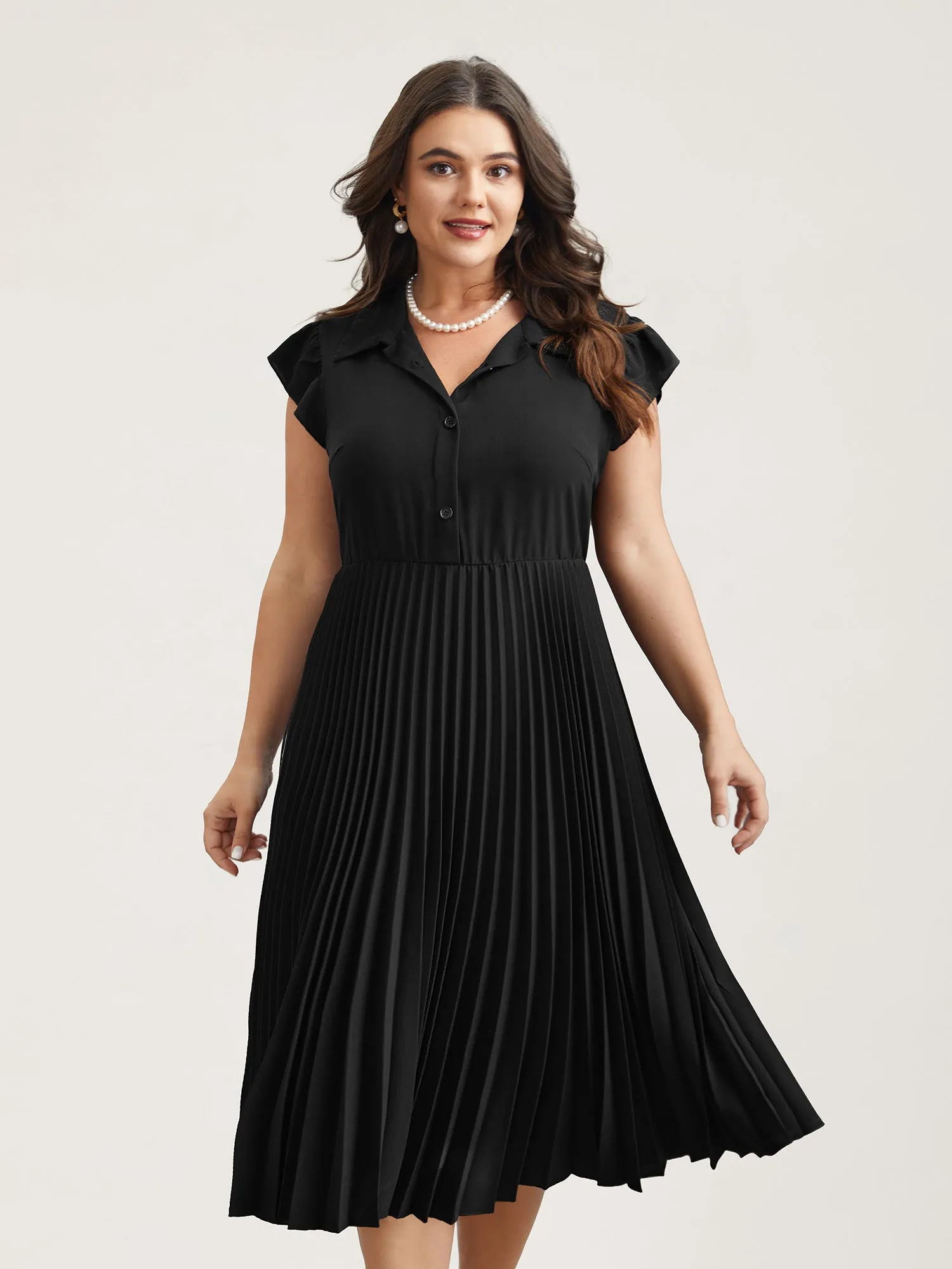 Pleated Shirt Collar Solid Midi Dress sold by Bloomchic