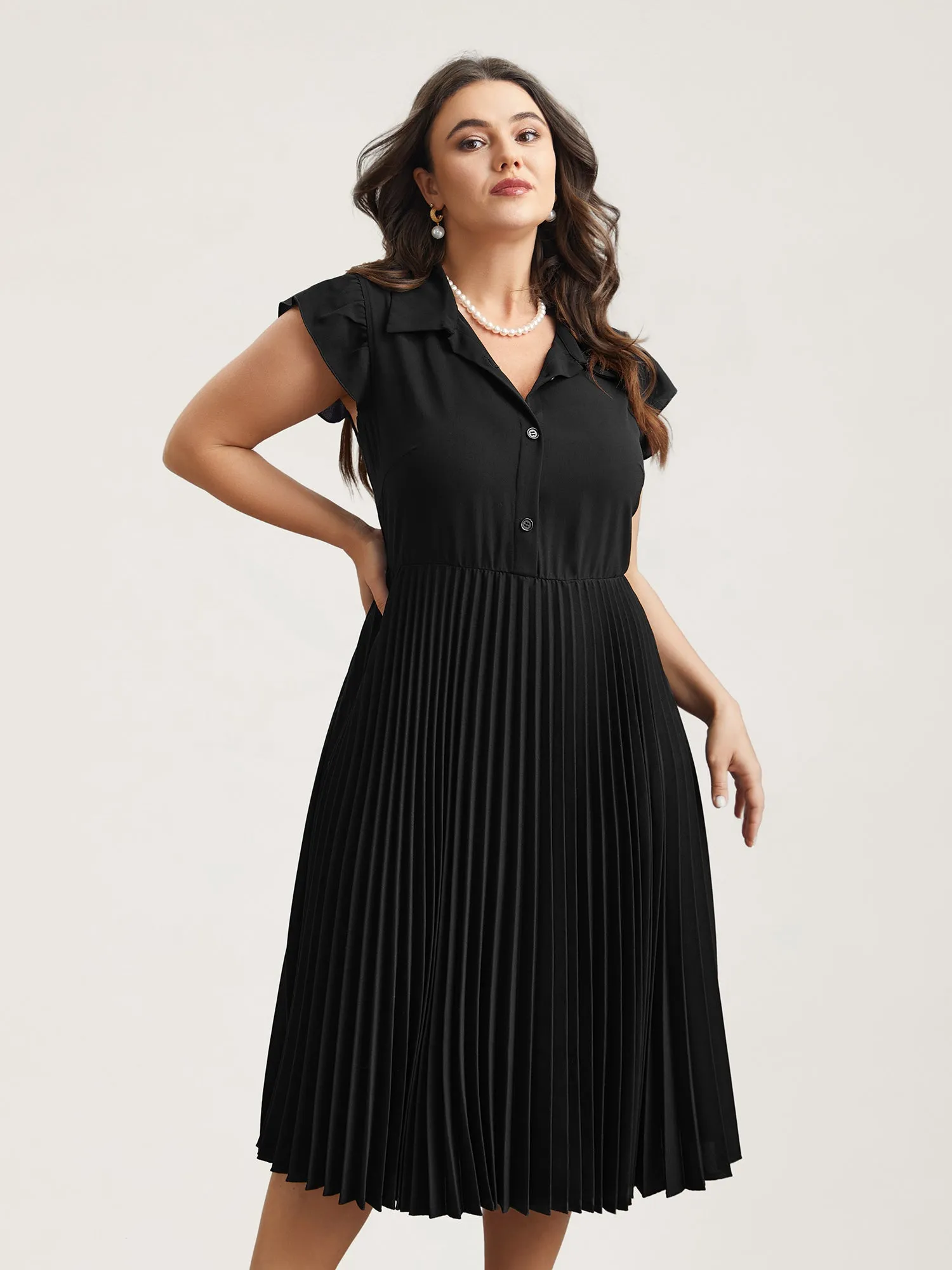 Pleated Shirt Collar Solid Midi Dress sold by Bloomchic product image thumbnail 3