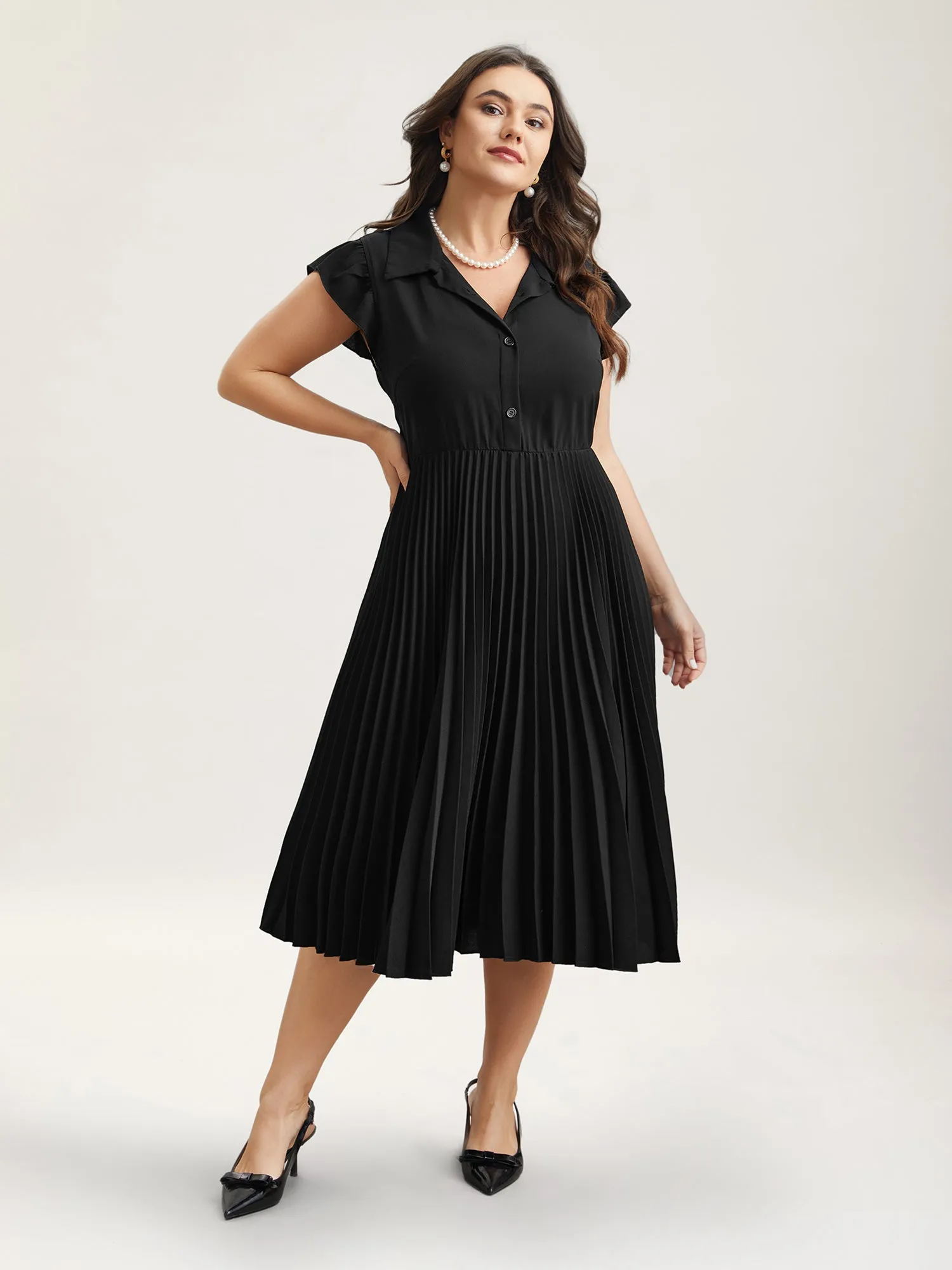 Pleated Shirt Collar Solid Midi Dress sold by Bloomchic product image thumbnail 4