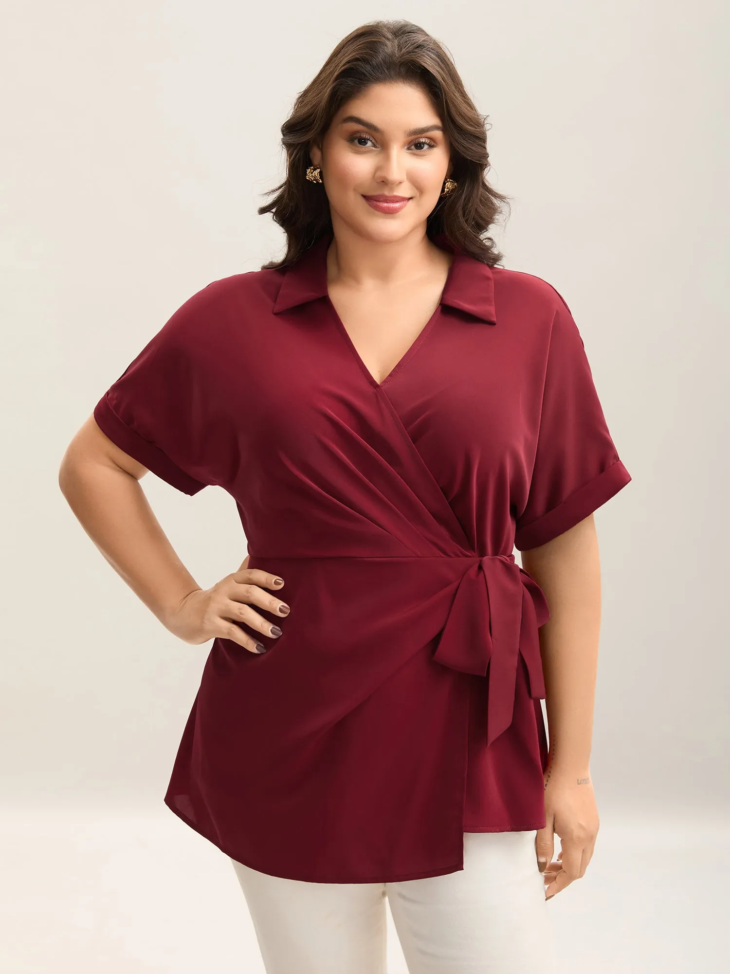 Side Knotted Collar Plain Shirt sold by Bloomchic