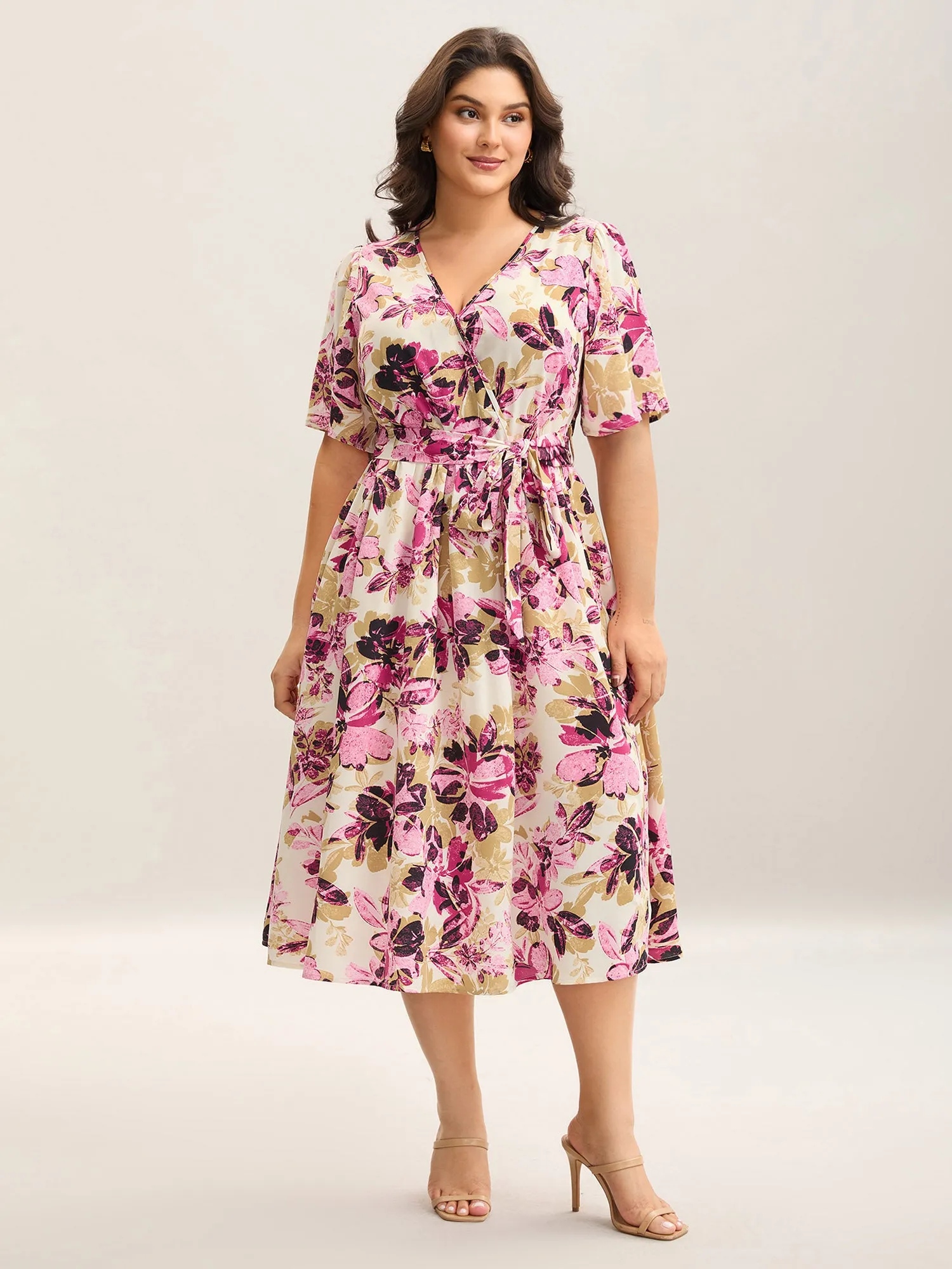 Floral Pattern Pockets Surplice Midi Dress sold by Bloomchic