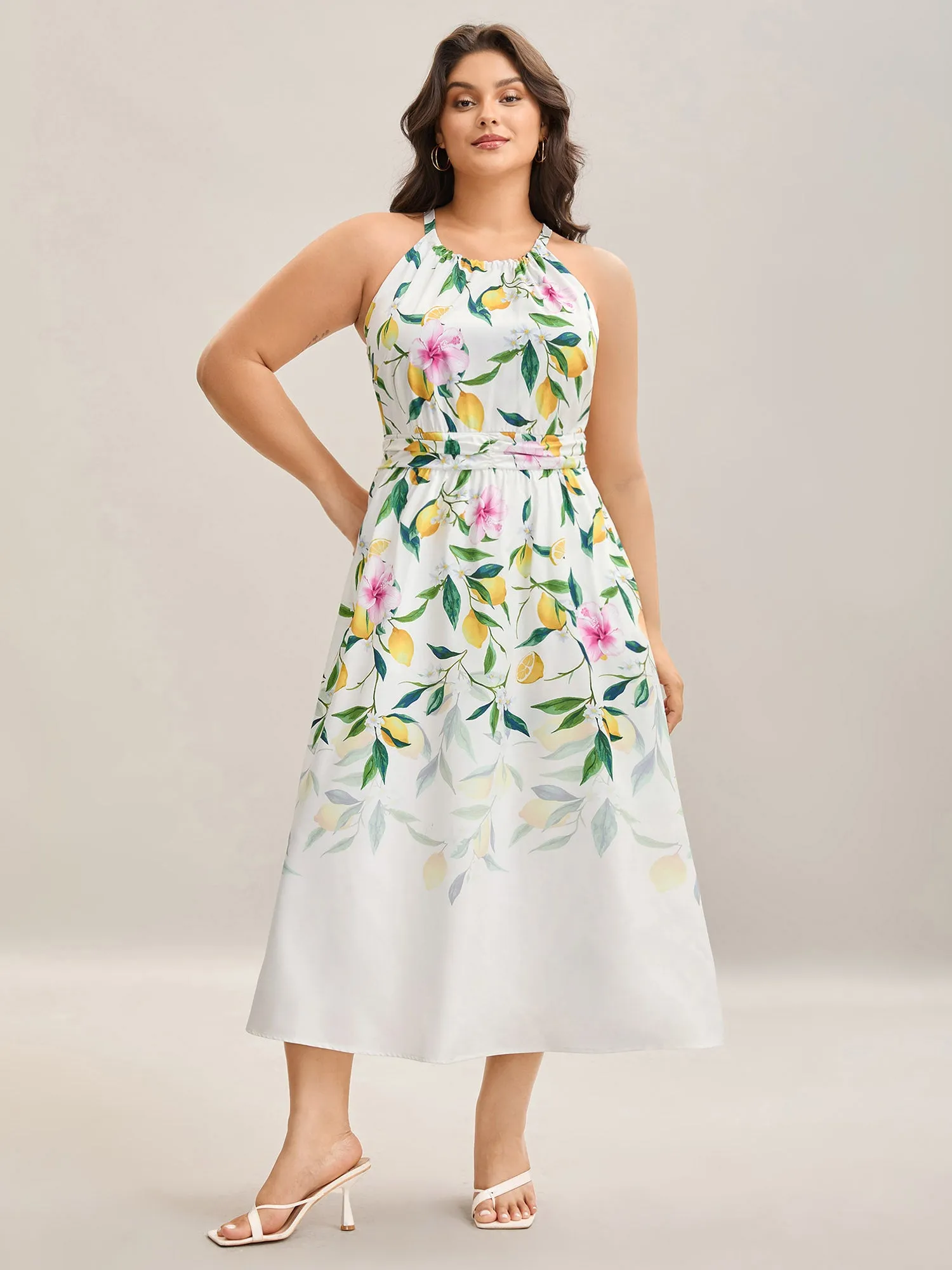 Large Floral Pattern Pleated Waist Midi Dress sold by Bloomchic product image thumbnail 3