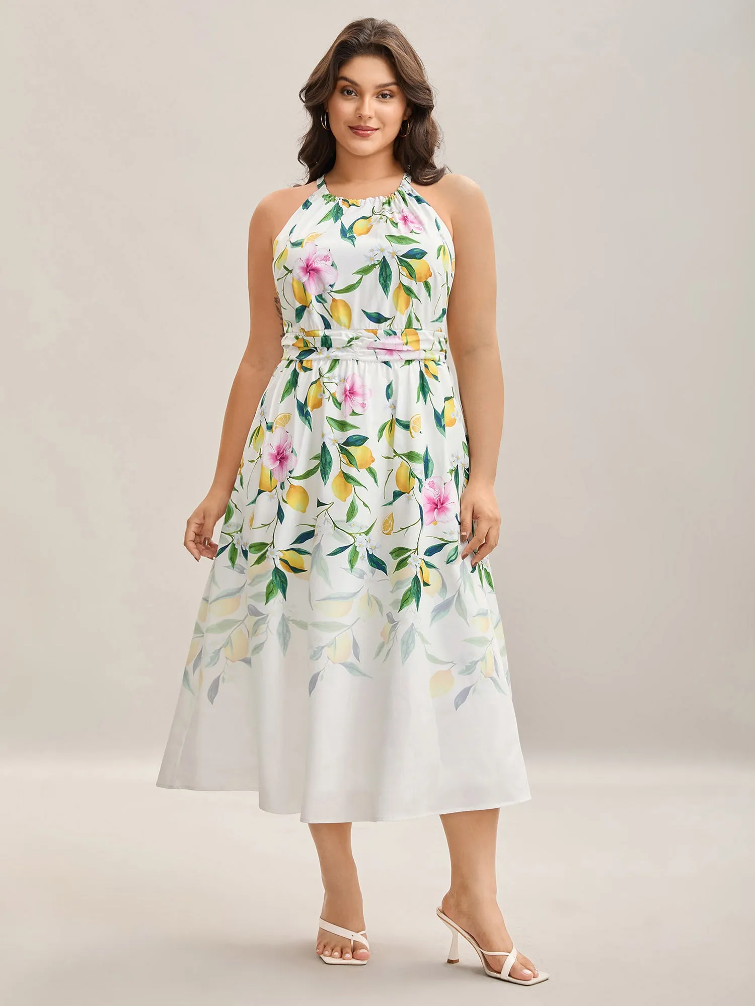 Large Floral Pattern Pleated Waist Midi Dress sold by Bloomchic