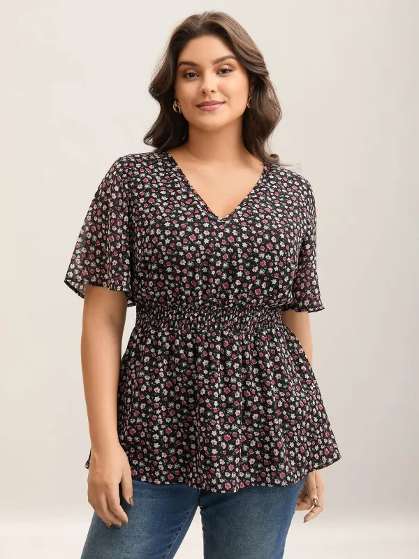 Floral Print Shirred Waist Cinched Shirt sold by Bloomchic