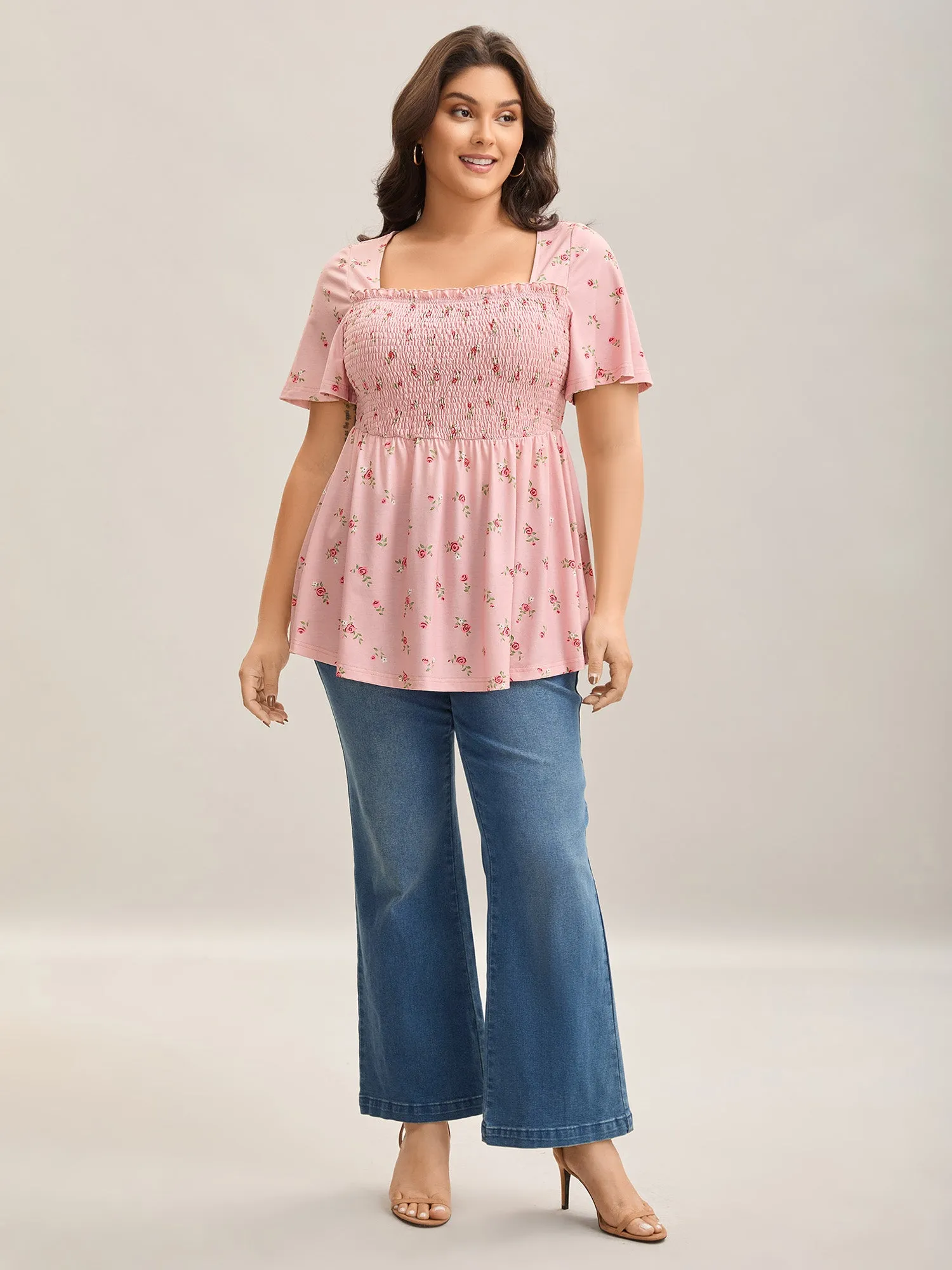 Flirty Floral Print Shirred Knit Top sold by Bloomchic product image thumbnail 3