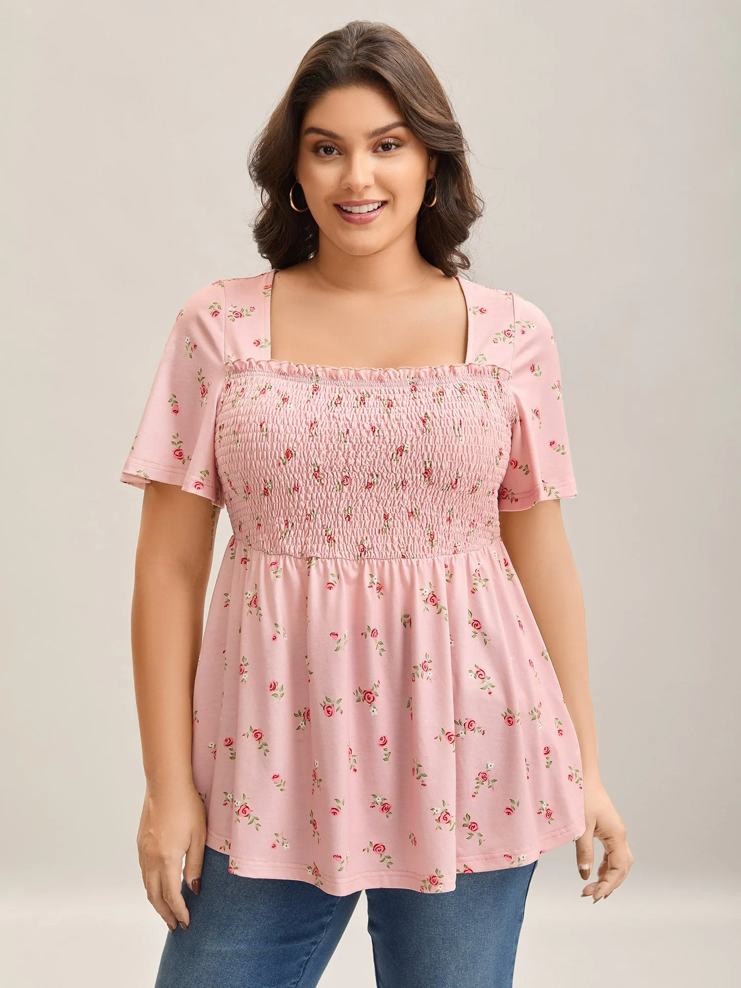 Flirty Floral Print Shirred Knit Top sold by Bloomchic