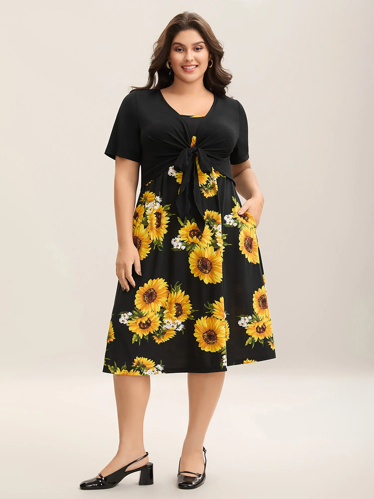 Sunflower Print Knotted Front Pockets Midi Dress sold by Bloomchic