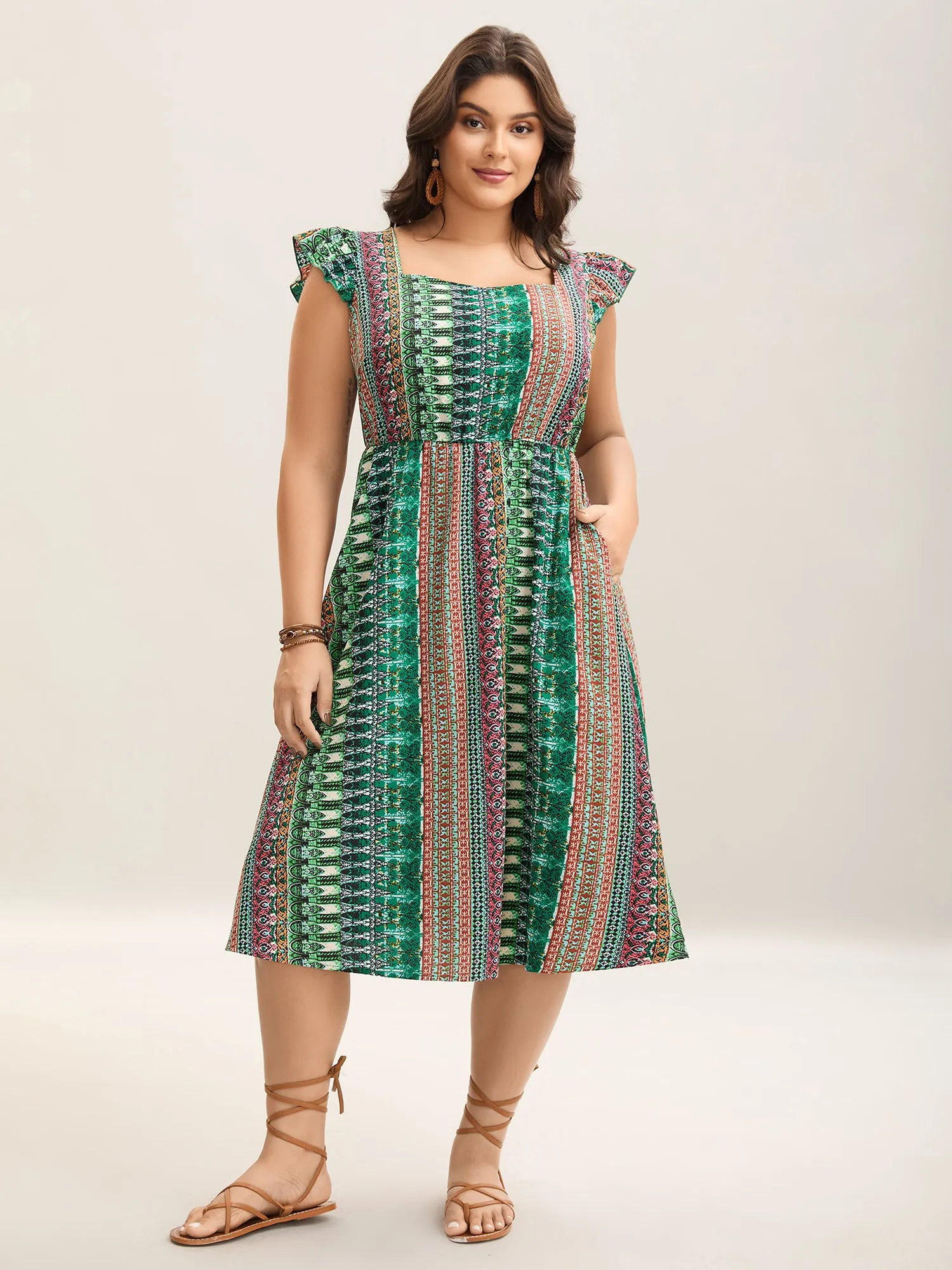 Boho Stripes Pockets Flutter Midi Dress sold by Bloomchic