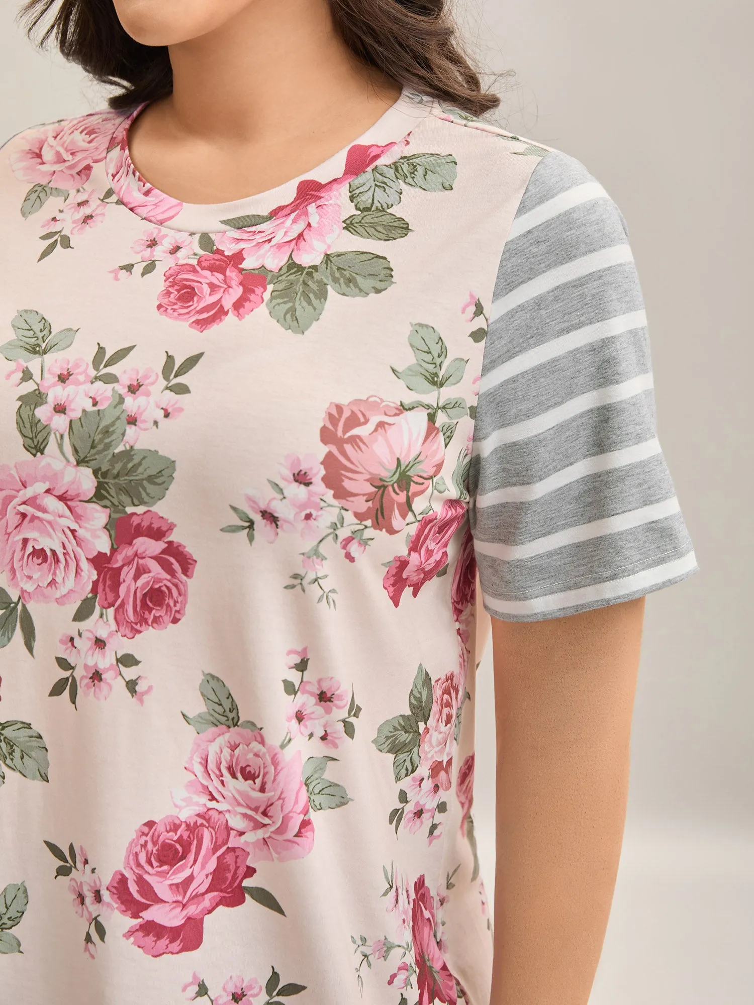 Floral Striped Stretchy Crew Neck T-Shirt sold by Bloomchic product image thumbnail 2
