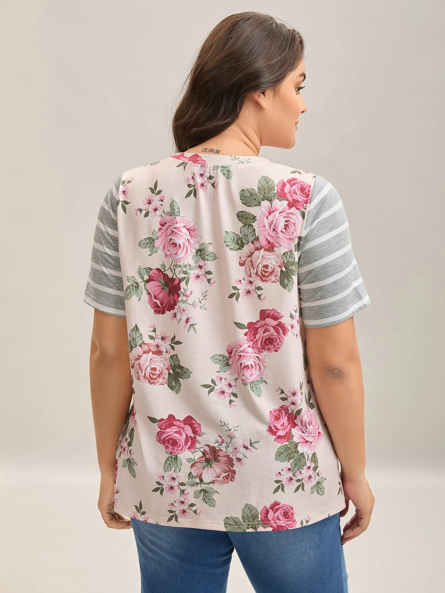 Floral Striped Stretchy Crew Neck T-Shirt sold by Bloomchic product image thumbnail 4