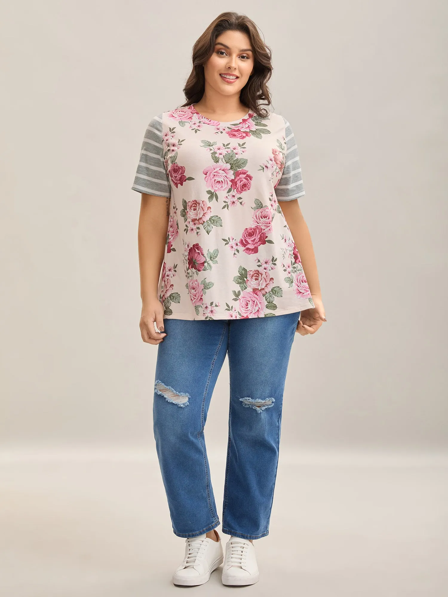 Floral Striped Stretchy Crew Neck T-Shirt sold by Bloomchic product image thumbnail 3