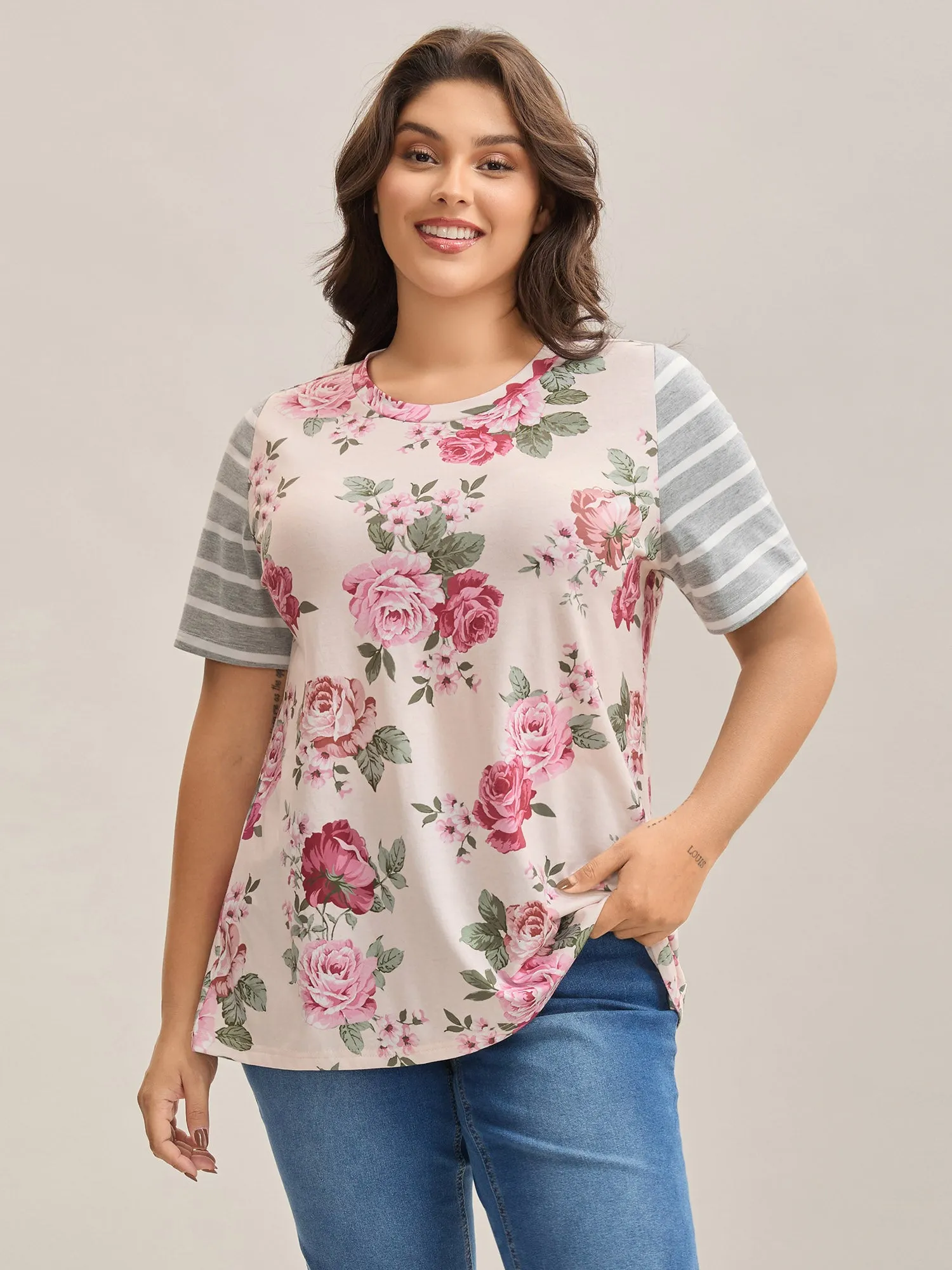 Floral Striped Stretchy Crew Neck T-Shirt sold by Bloomchic