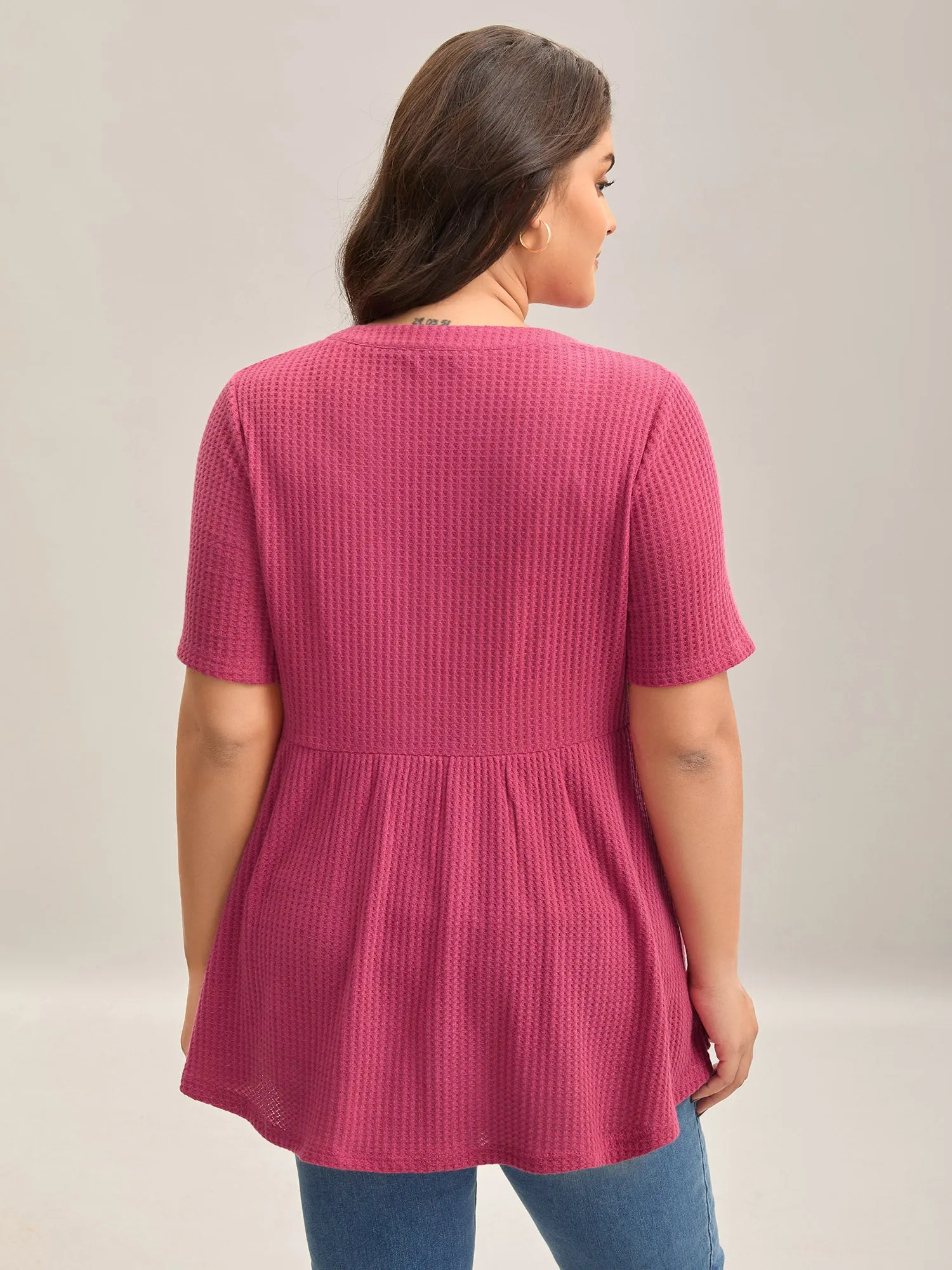 Textured Notched Neck Button Plain T-Shirt sold by Bloomchic product image thumbnail 4