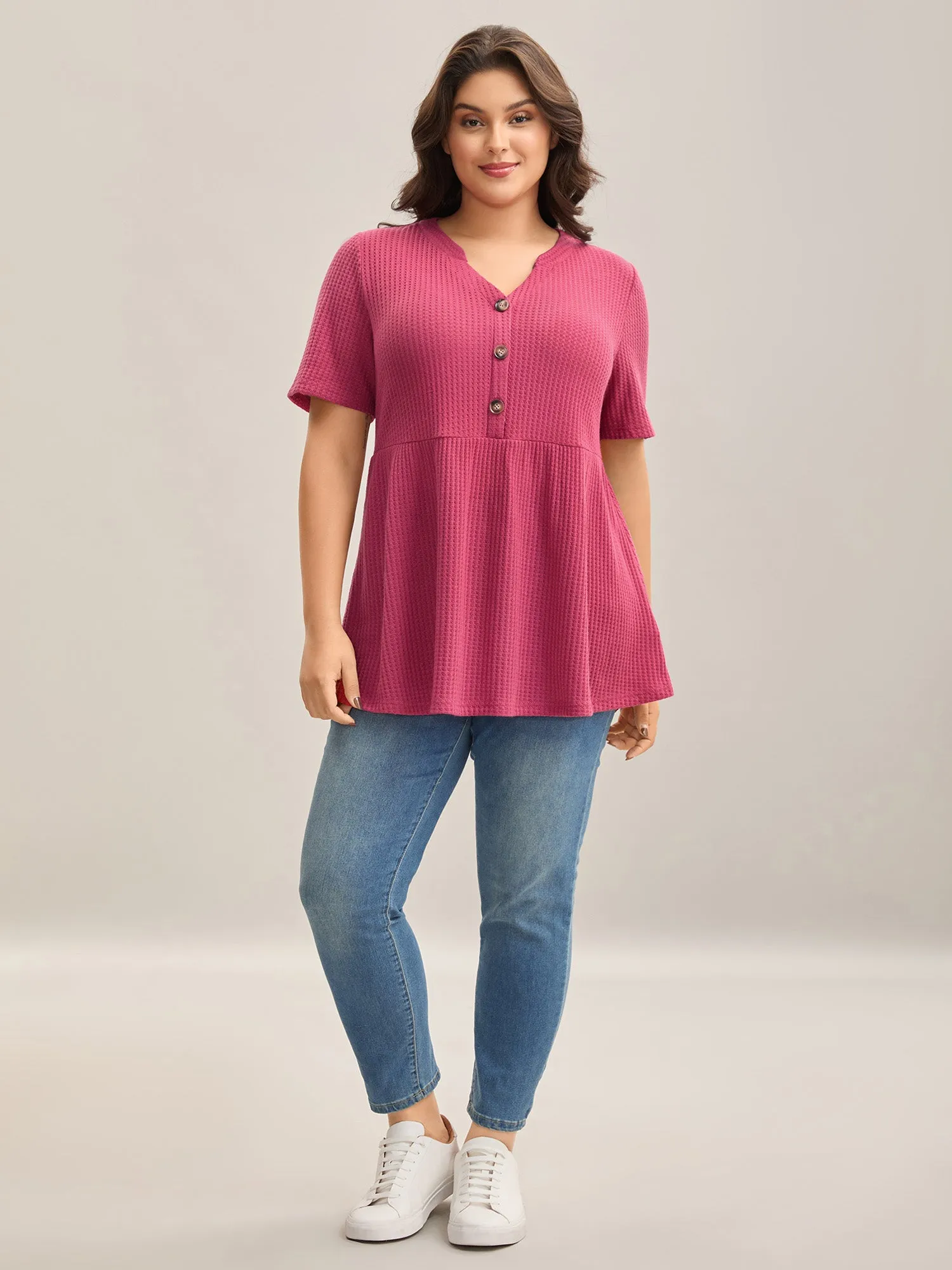 Textured Notched Neck Button Plain T-Shirt sold by Bloomchic product image thumbnail 3