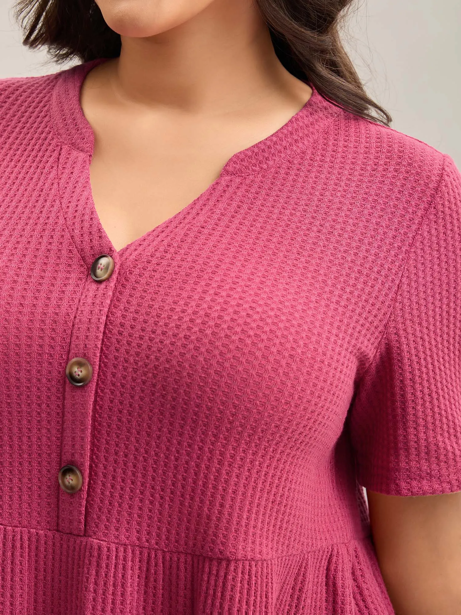 Textured Notched Neck Button Plain T-Shirt sold by Bloomchic product image thumbnail 2