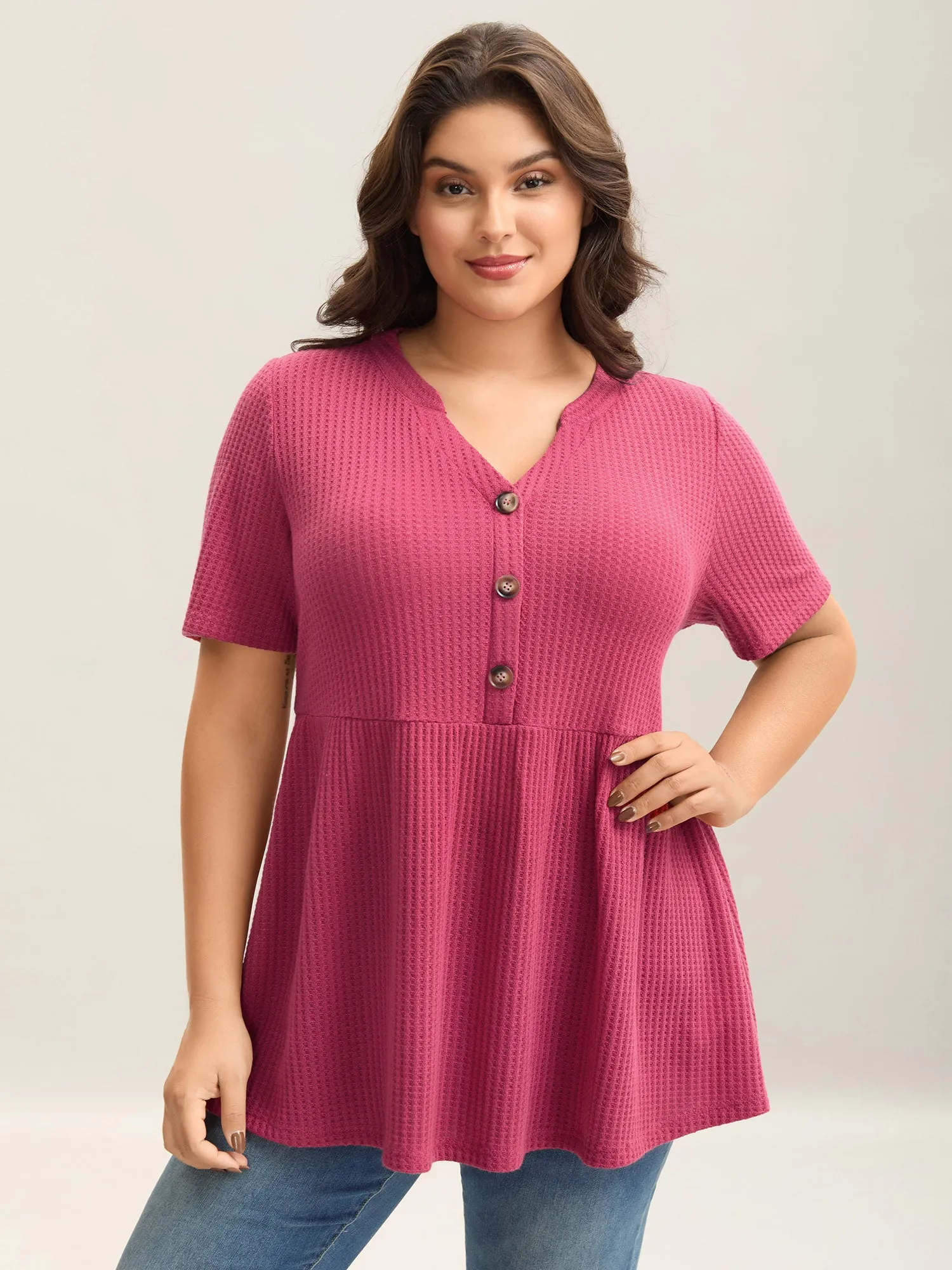 Textured Notched Neck Button Plain T-Shirt sold by Bloomchic