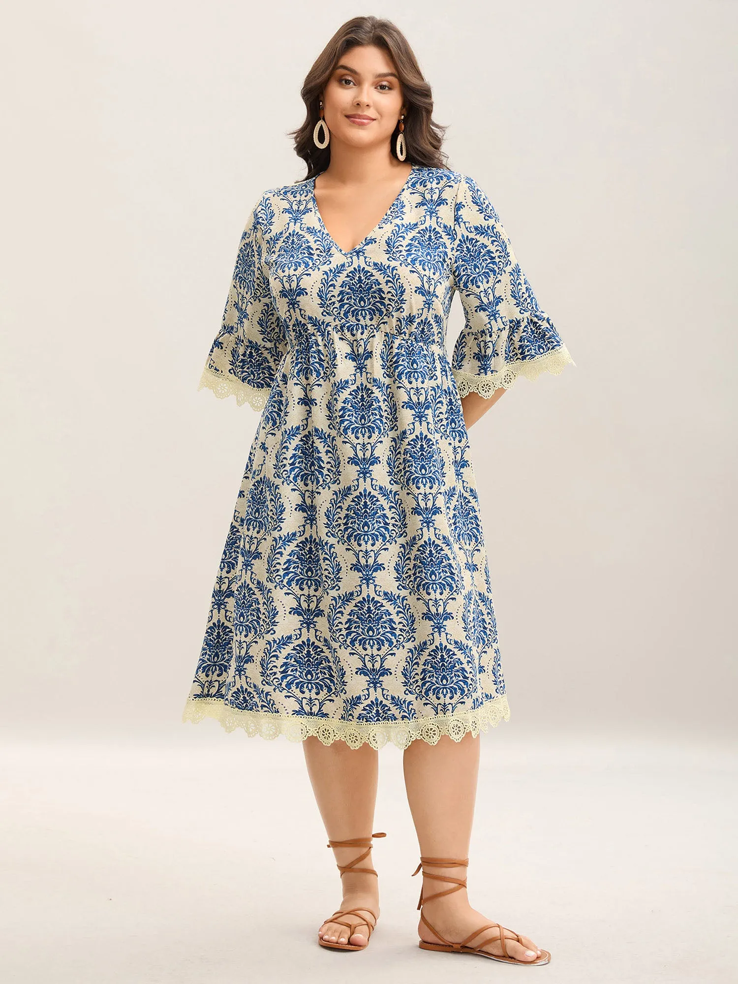 Damask Print Lace Detail Midi Dress sold by Bloomchic product image thumbnail 3