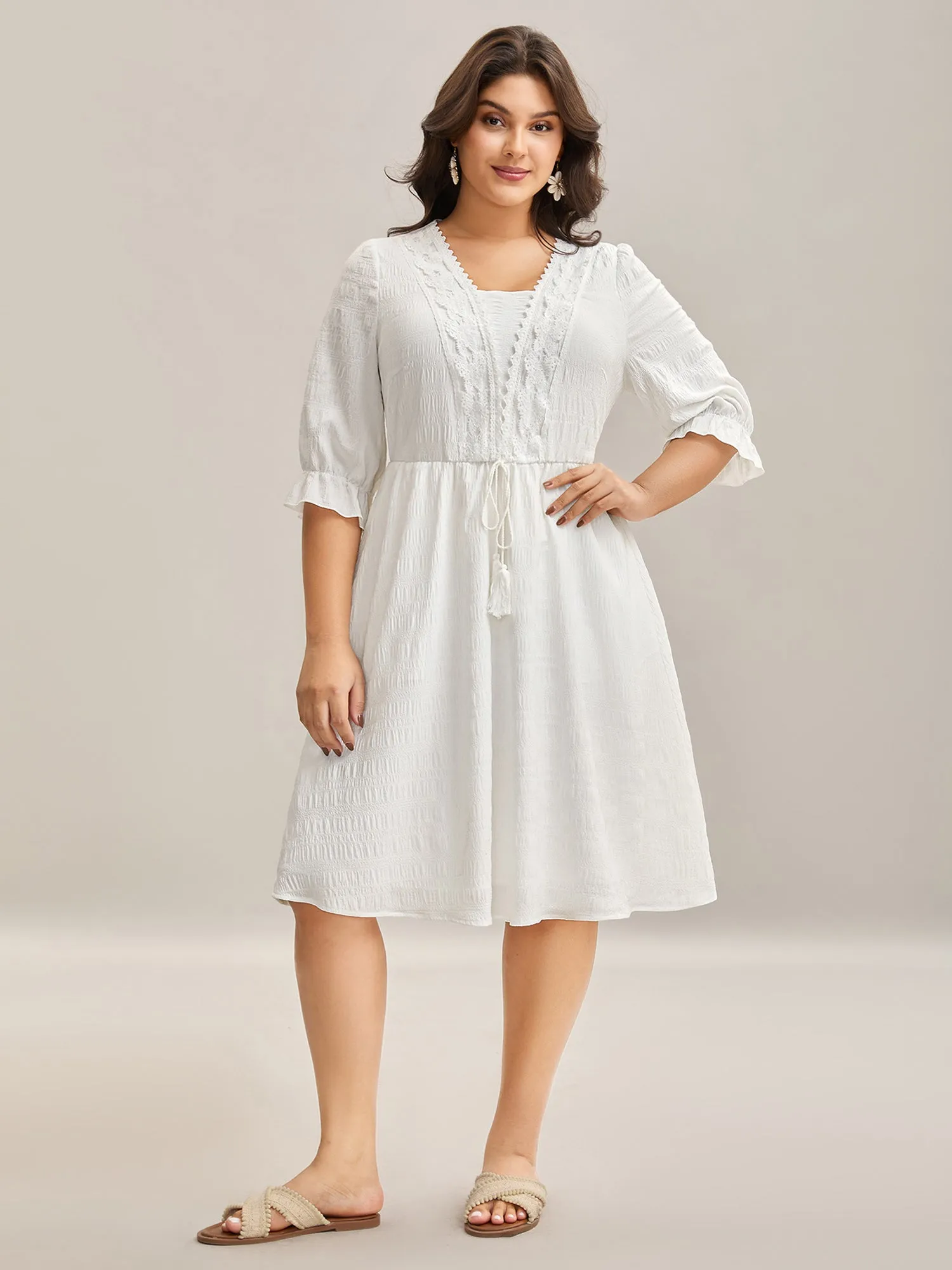 Textured Lace Waist-Tie Midi Dress sold by Bloomchic