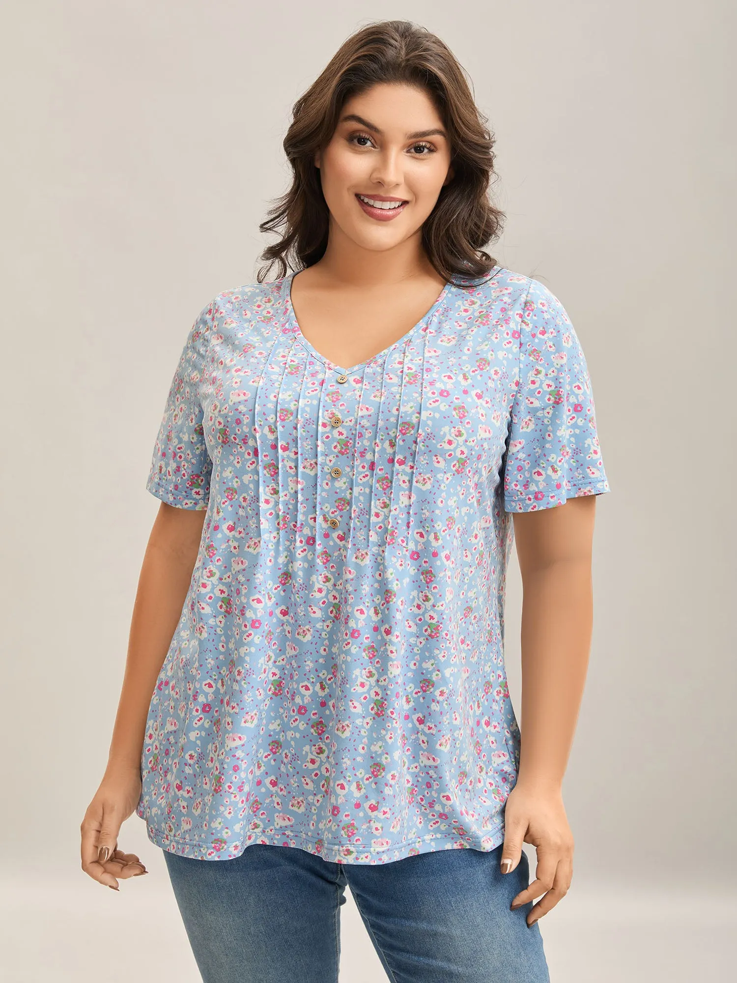 Floral Print Plicated Detail T-Shirt sold by Bloomchic