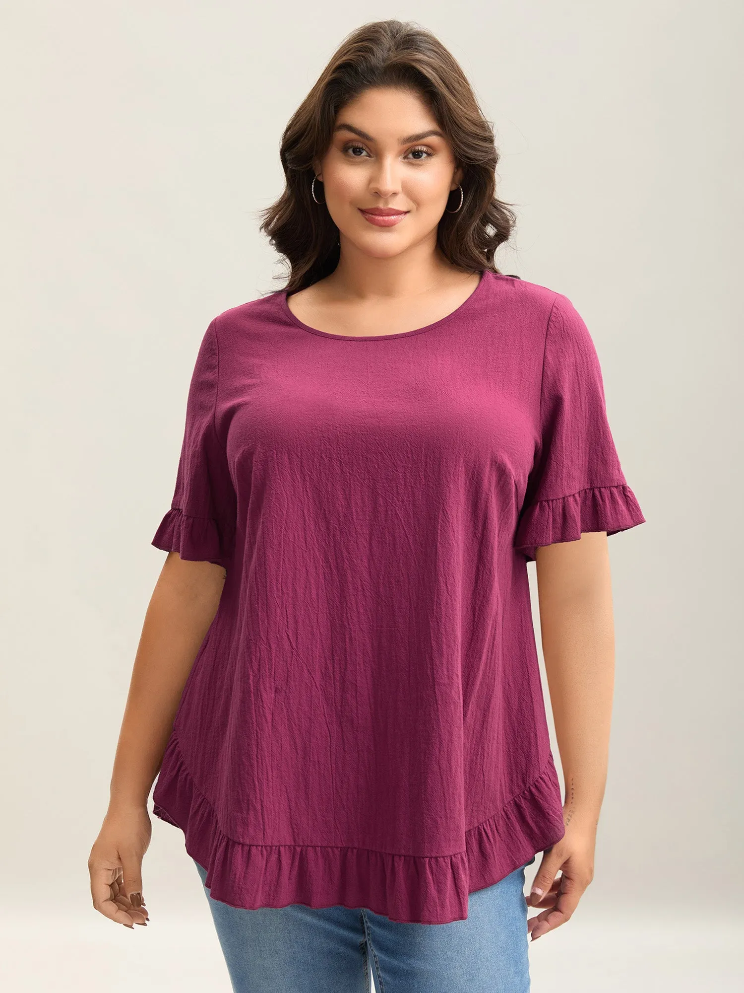 Pure Cotton Ruffled Curved Hem Blouse sold by Bloomchic