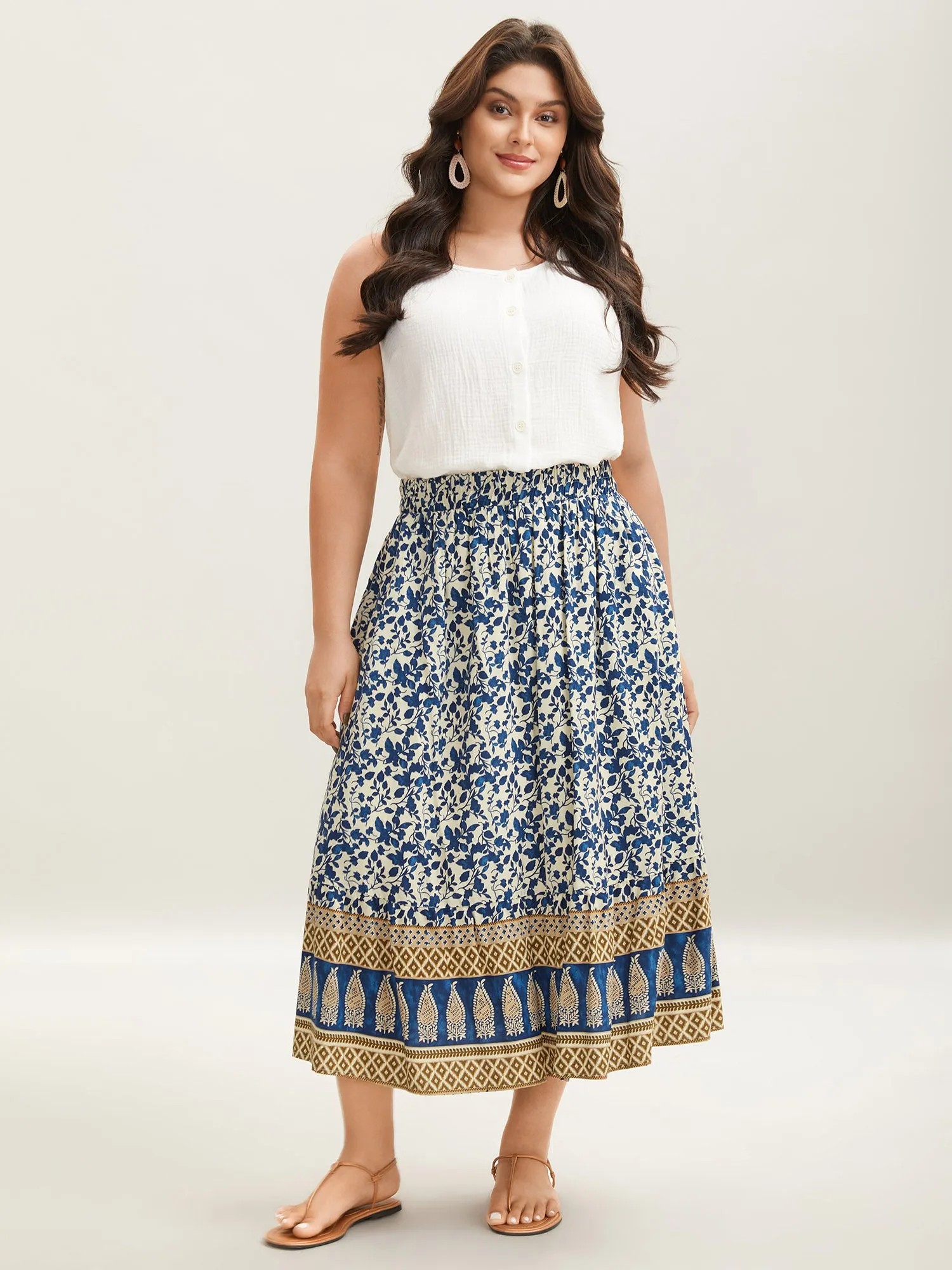 Boho Floral Print Shirred Waist Midi Skirt sold by Bloomchic product image thumbnail 2