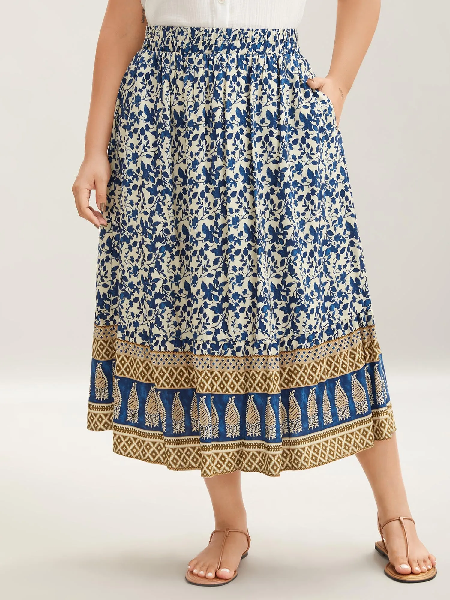 Boho Floral Print Shirred Waist Midi Skirt sold by Bloomchic