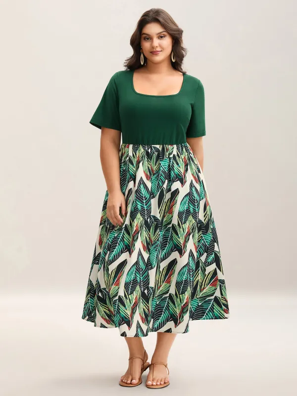 Leafy Print Spliced Square Neck Midi Dress sold by Bloomchic
