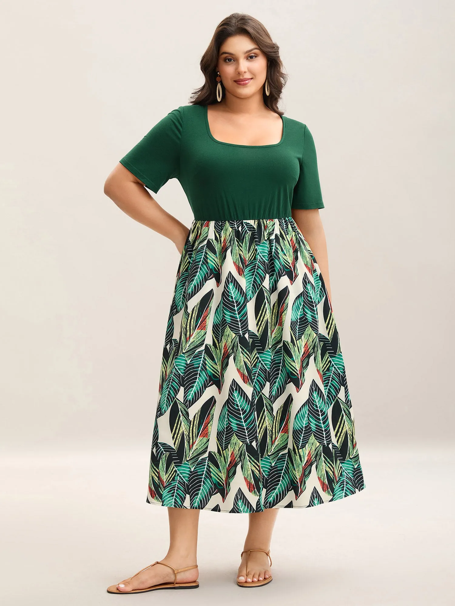 Leafy Print Spliced Square Neck Midi Dress sold by Bloomchic product image thumbnail 3