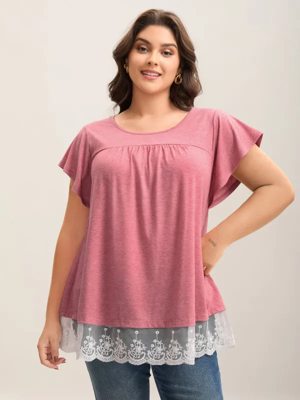 Lace Hem Pleated Flutter Sleeve Plain Top sold by Bloomchic