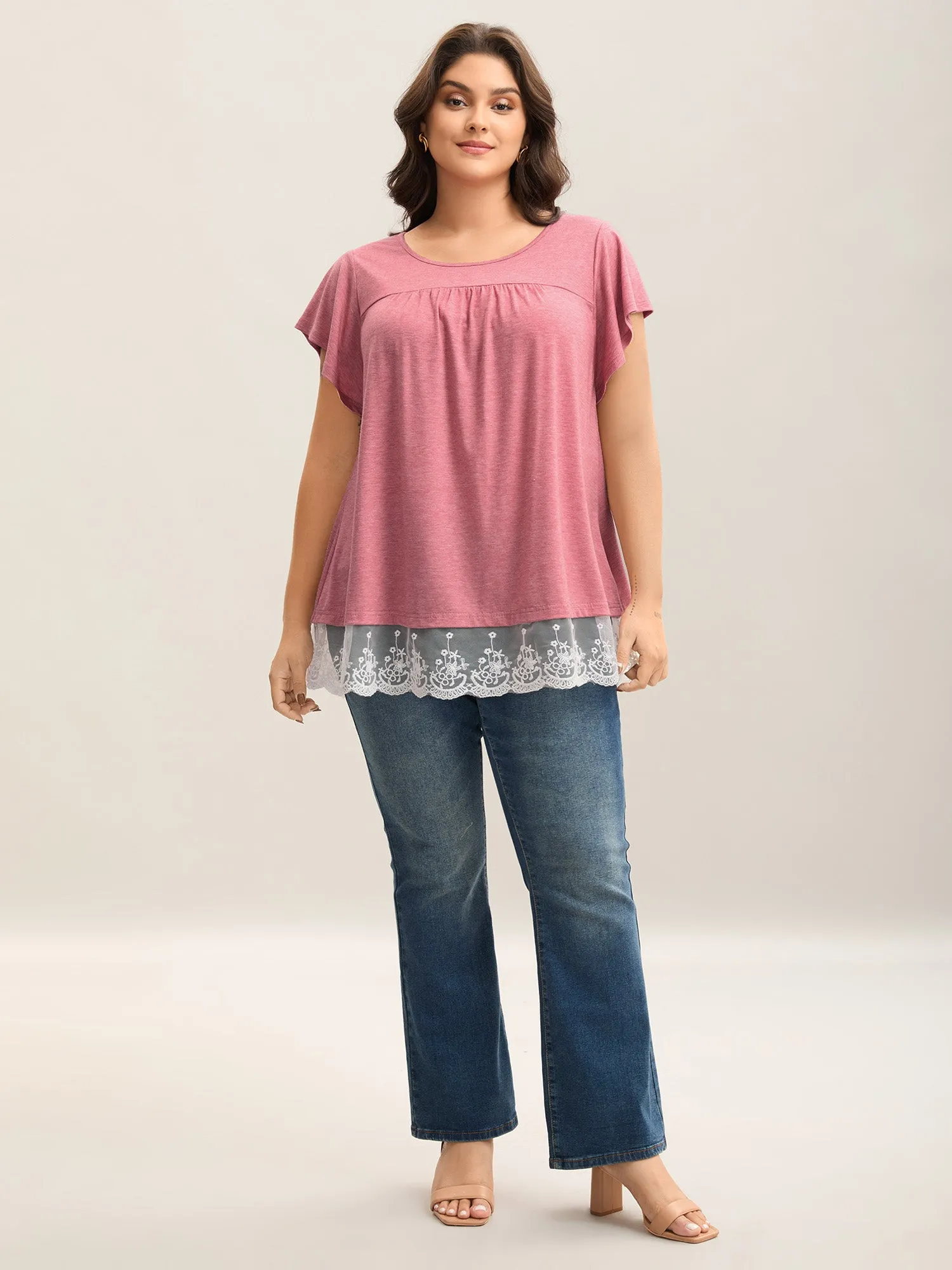 Lace Hem Pleated Flutter Sleeve Plain Top sold by Bloomchic product image thumbnail 3