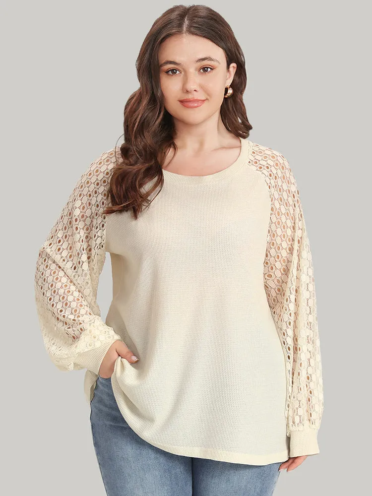 Lace Panel Raglan Sleeve Waffle Knit Sweatshirt sold by Bloomchic product image thumbnail 2