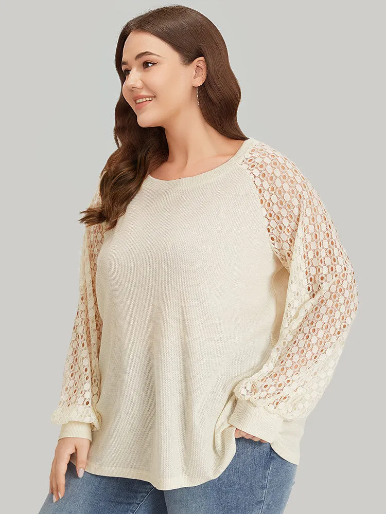 Lace Panel Raglan Sleeve Waffle Knit Sweatshirt sold by Bloomchic product image thumbnail 3