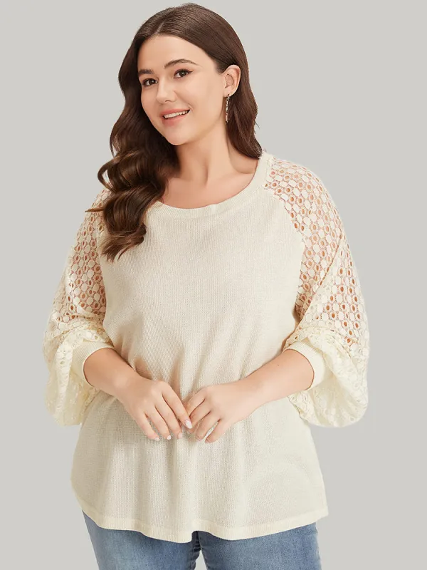 Lace Panel Raglan Sleeve Waffle Knit Sweatshirt sold by Bloomchic