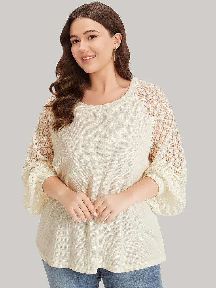 Lace Panel Raglan Sleeve Waffle Knit Sweatshirt sold by Bloomchic