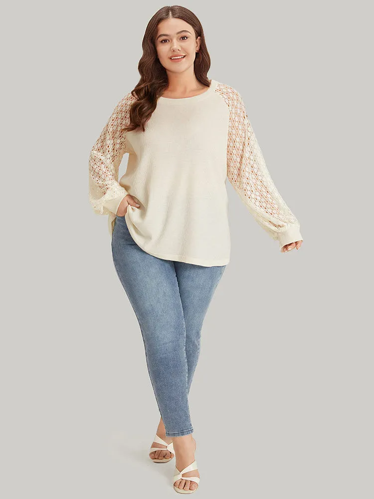 Lace Panel Raglan Sleeve Waffle Knit Sweatshirt sold by Bloomchic product image thumbnail 4