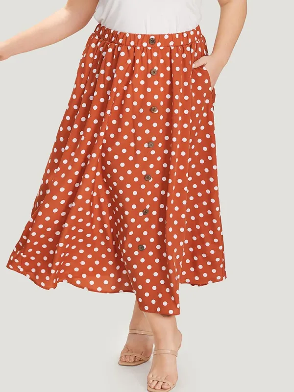 Polka Dot Pocket Button Detail Ruffle Hem Skirt sold by Bloomchic