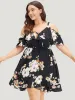 Floral Print Ruffle Trim Asymmetrical Hem Cold Shoulder Dress sold by Bloomchic