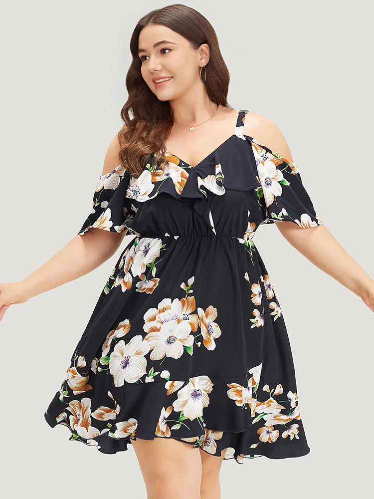 Floral Print Ruffle Trim Asymmetrical Hem Cold Shoulder Dress sold by Bloomchic product image thumbnail 2