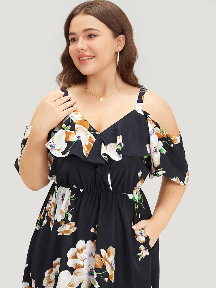 Floral Print Ruffle Trim Asymmetrical Hem Cold Shoulder Dress sold by Bloomchic product image thumbnail 5