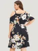 Floral Print Ruffle Trim Asymmetrical Hem Cold Shoulder Dress sold by Bloomchic