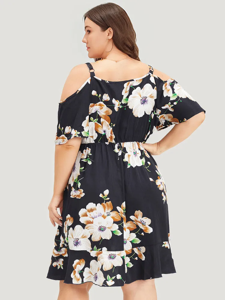 Floral Print Ruffle Trim Asymmetrical Hem Cold Shoulder Dress sold by Bloomchic product image thumbnail 4