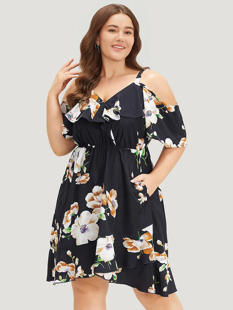 Floral Print Ruffle Trim Asymmetrical Hem Cold Shoulder Dress sold by Bloomchic product image thumbnail 3