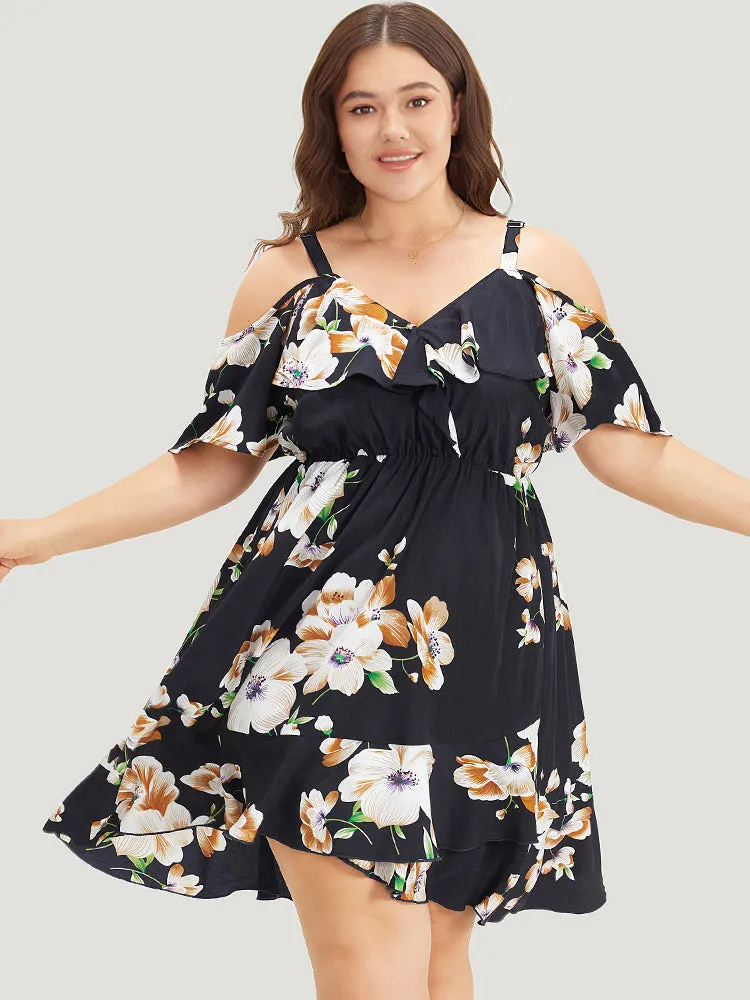 Floral Print Ruffle Trim Asymmetrical Hem Cold Shoulder Dress sold by Bloomchic