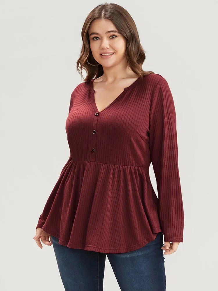 Solid Button Detail Rib Knit Asymmetrical Hem Long Tee sold by Bloomchic product image thumbnail 3