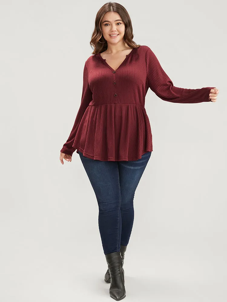 Solid Button Detail Rib Knit Asymmetrical Hem Long Tee sold by Bloomchic product image thumbnail 2