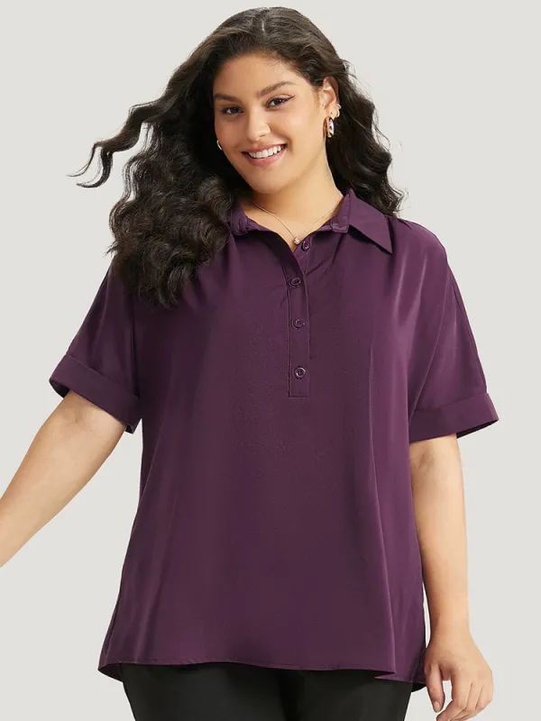 Anti-Wrinkle Shirt Collar Button Up Roll Sleeve Blouse sold by Bloomchic